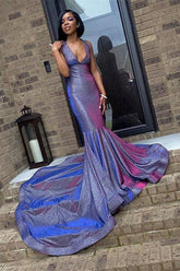 Sexy Purple Deep V-Neck Halter Sequins Mermaid Prom Dress